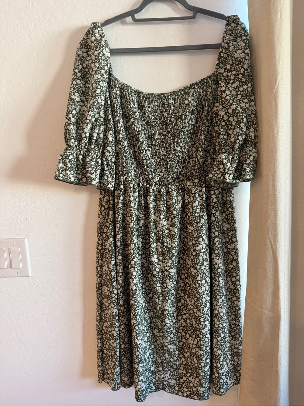 Green Floral Smocked Square-Neck Dress